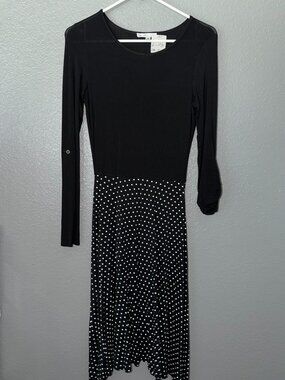 DE Collection Women’s XS Black Polka Dot Midi Dress Long Sleeve Fit Flare